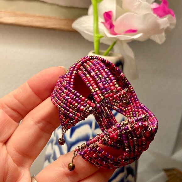 Gorgeous Oversized Boho Beaded Pink Cuff Bracelet - Picture 2 of 11